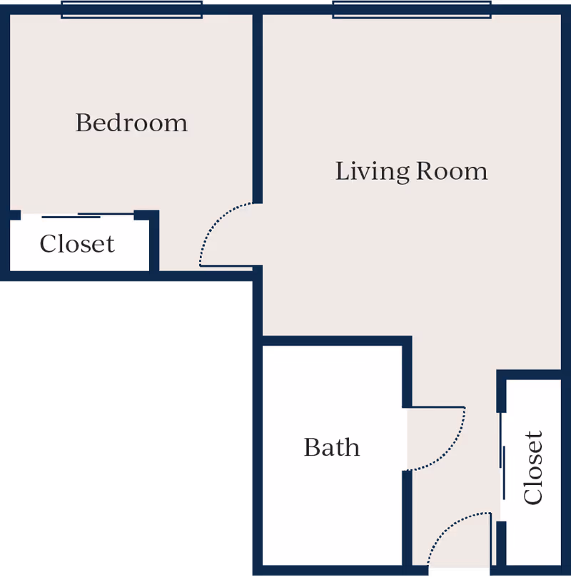 Floor plan layout showing a bedroom with a closet, a living room, a bathroom, and another closet near the entrance.