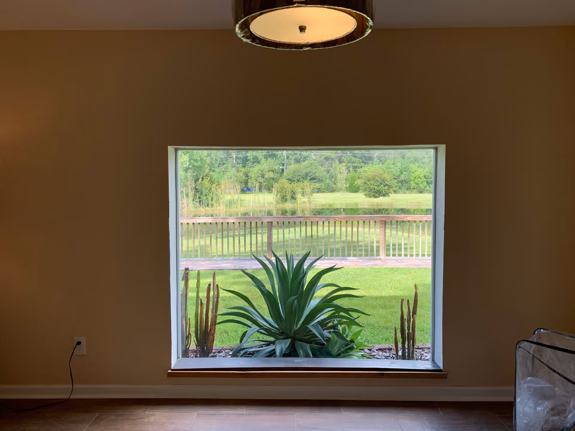 A large rectangular window in a beige wall looking out onto a green lawn with a wooden railing and trees in the background. There are several plants, including a large succulent and some tall cacti, just outside the window. A ceiling light fixture is partially visible at the top of the image, and a power outlet with a plugged-in cord is on the left wall near the floor.