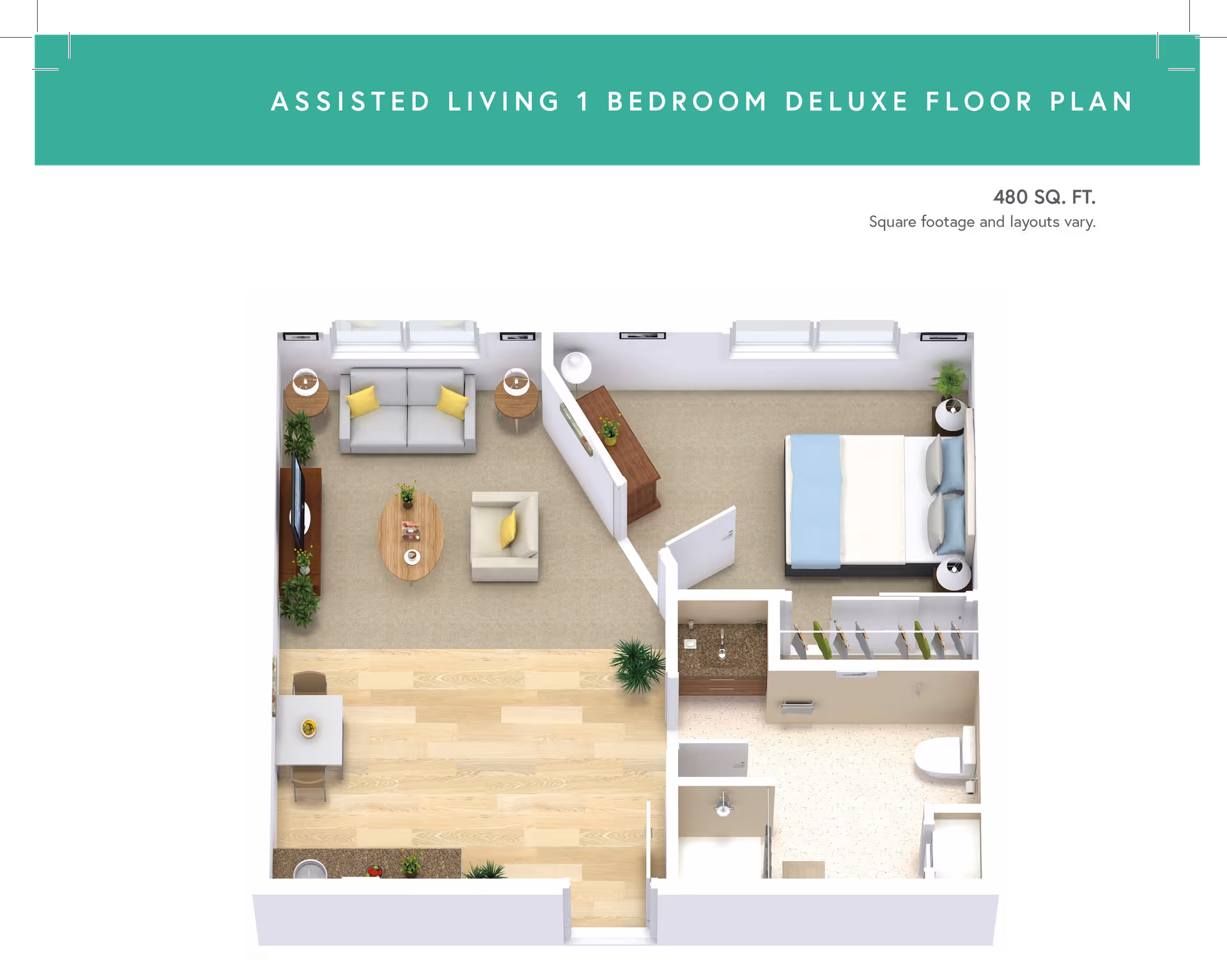 3D floor plan of an assisted living 1 bedroom deluxe apartment showing a living room with sofa, armchair, coffee table, TV, and side tables, a bedroom with a bed and nightstands, a bathroom with a toilet and shower, a kitchen area with a dining table and chairs, and closets.