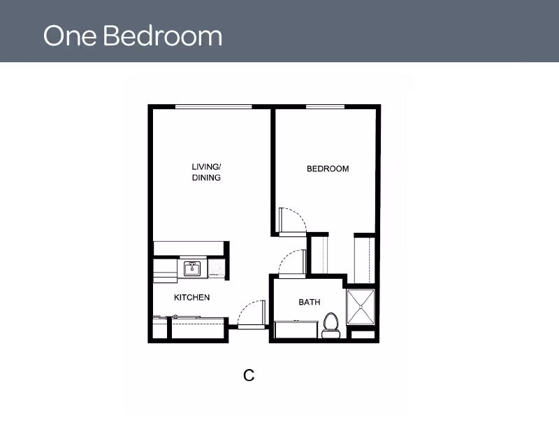 Floor plan layout of a one-bedroom apartment at Solista Milwaukie, showing a living/dining area, kitchen, bedroom, and bathroom.