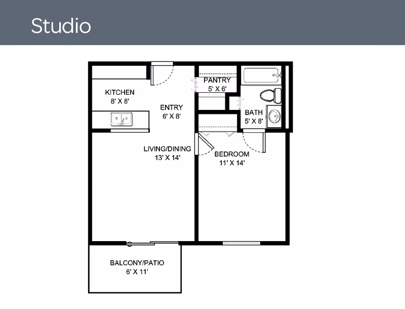 Floor plan of a studio apartment at Holiday Winter Village showing a kitchen, entry, living/dining area, bedroom, bathroom, pantry, and balcony/patio with dimensions for each area.