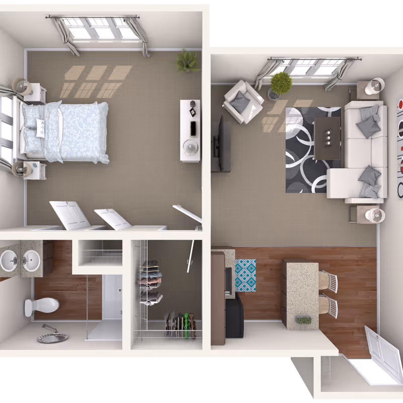 Top-down view of a one-bedroom apartment floor plan featuring a bedroom with a bed, nightstands, and a dresser; a living room with a sectional sofa, armchair, coffee table, TV, and decorative rug; a kitchen area with a countertop and two chairs; a bathroom with a toilet, double sink, and shower; and a closet with hanging clothes and shoes.