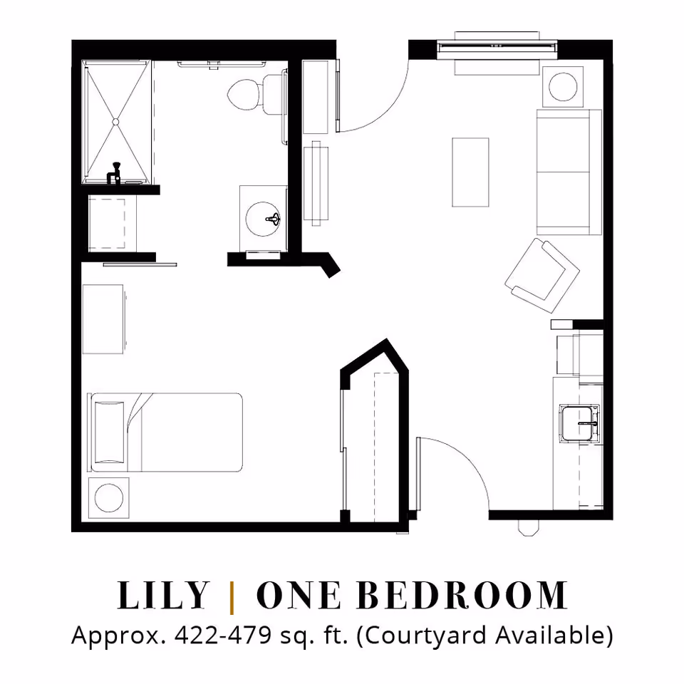 Floor plan layout of a one-bedroom apartment named Lily, approximately 422-479 square feet, featuring a bedroom with a bed and nightstand, a bathroom with a shower, toilet, and sink, a living area with a sofa, chair, and coffee table, and a kitchen area with a sink and counter space. The plan also notes that a courtyard is available.