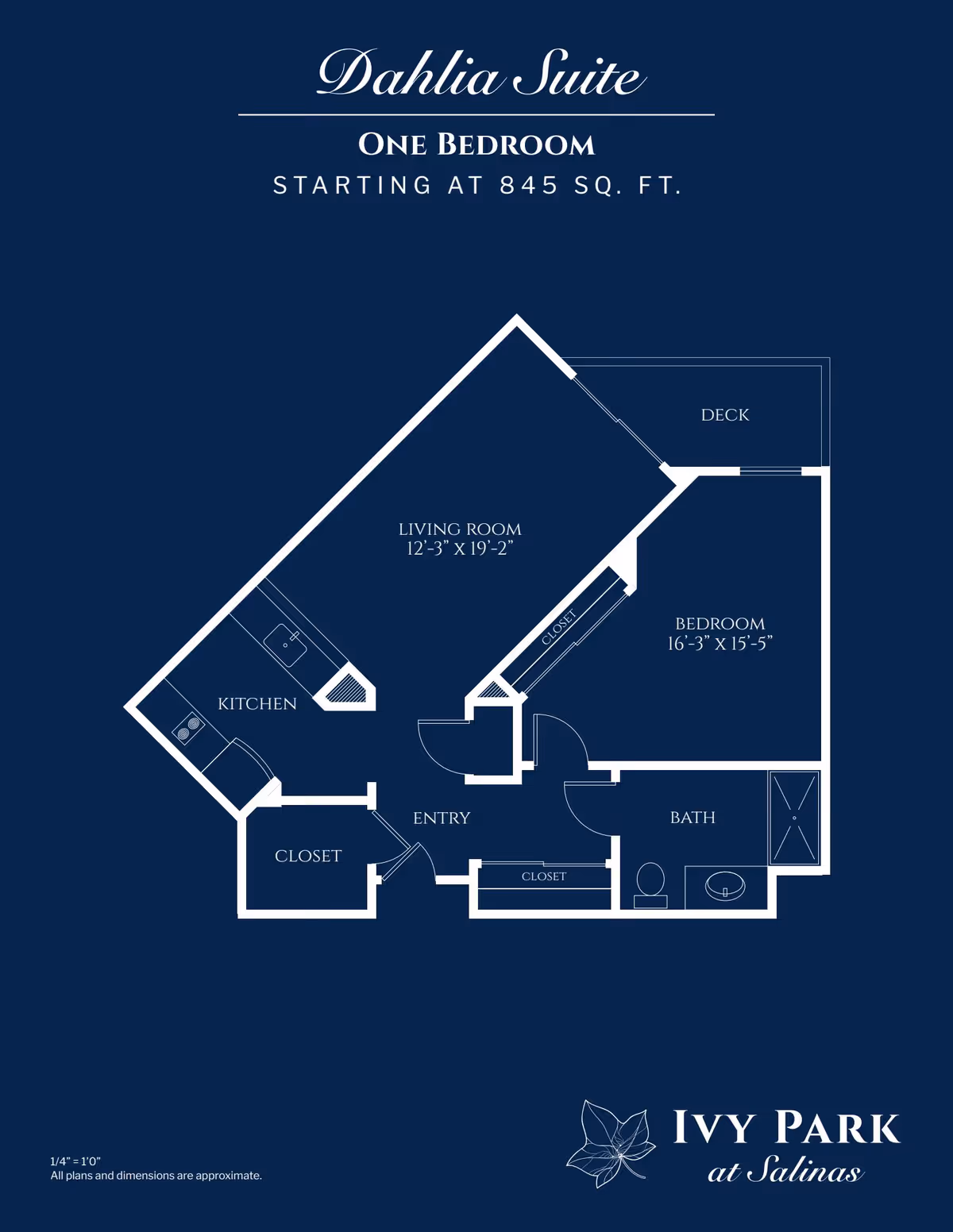 Floor plan of the Dahlia Suite, a one-bedroom apartment starting at 845 square feet, featuring a living room, kitchen, bedroom, bathroom, closets, entry, and a deck.