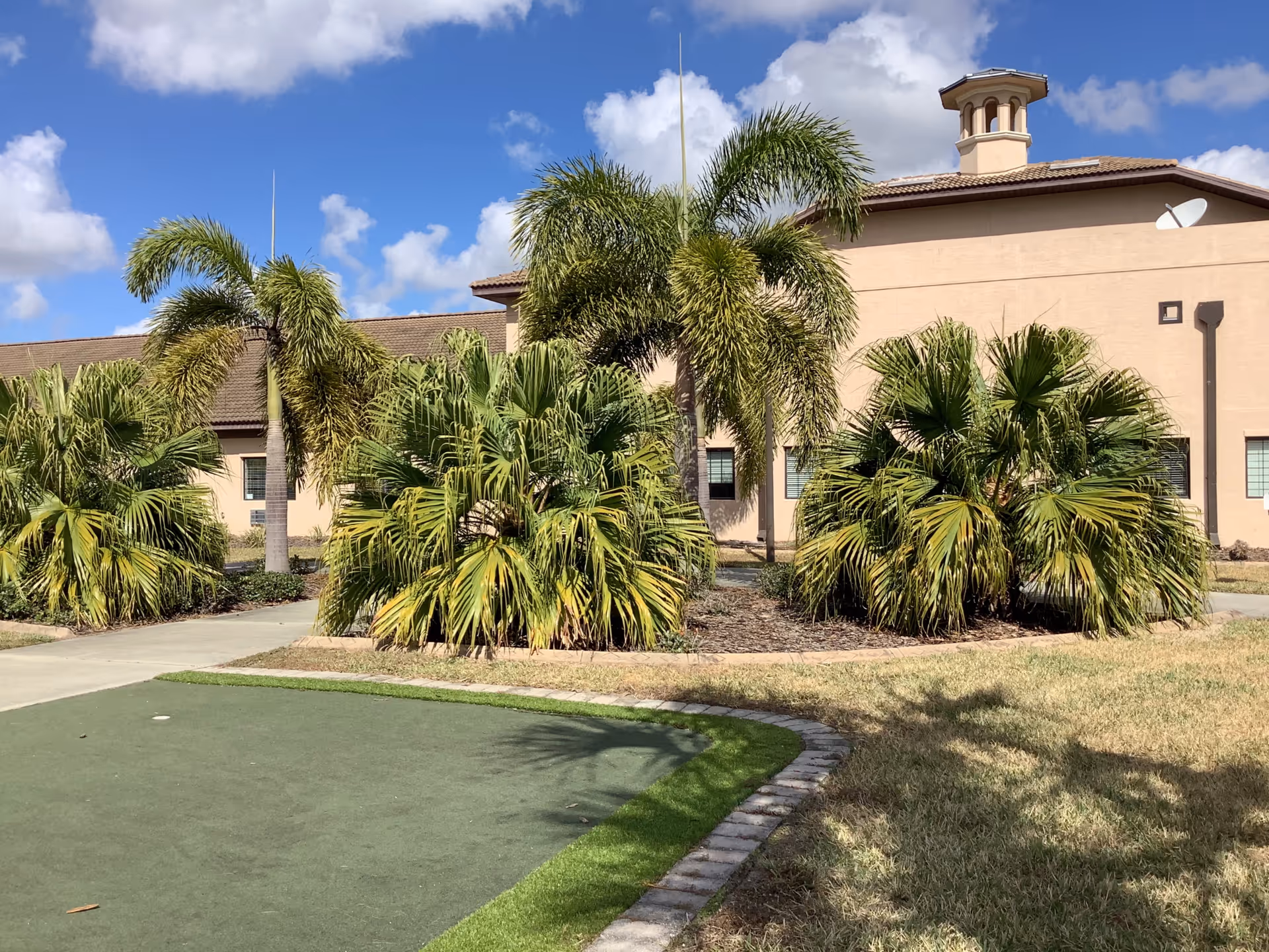 Exterior view of Palm Bay Memory Care with palm trees and blue sky