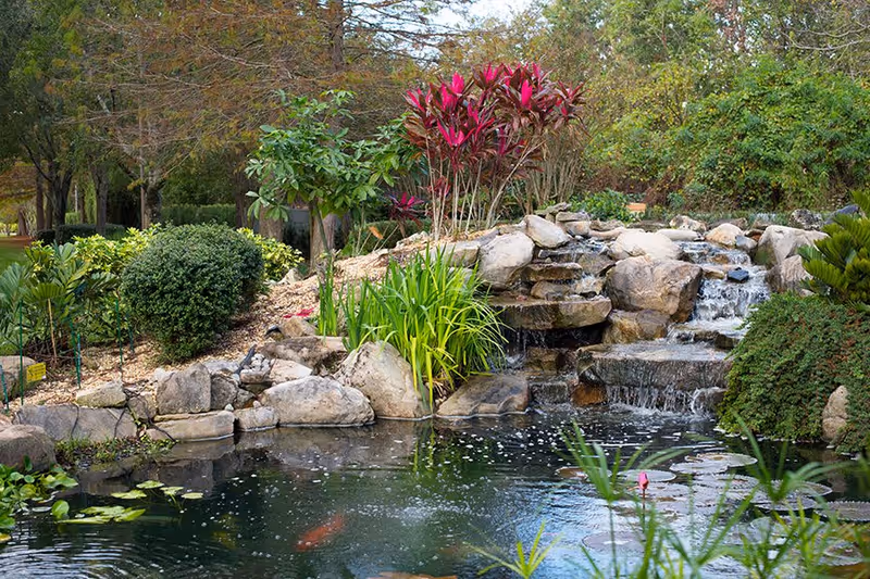 A serene outdoor garden scene featuring a small waterfall cascading over rocks into a pond surrounded by lush greenery, colorful plants, and trees.