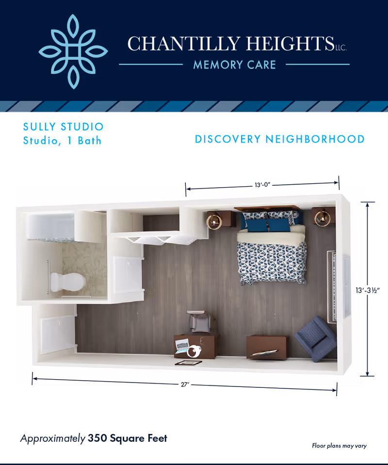 3D floor plan of a studio apartment with one bathroom at Chantilly Heights Memory Care. The layout includes a bathroom with a toilet and shower, a sleeping area with a bed and two nightstands, a small desk with a chair, and a seating area with a chair and a small table. The total area is approximately 350 square feet.