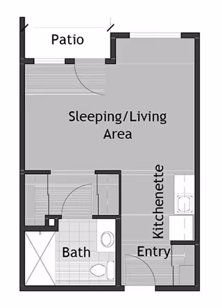 Black-and-white floor plan of a studio apartment showing a sleeping/living area, kitchenette, bathroom, entry, and patio.