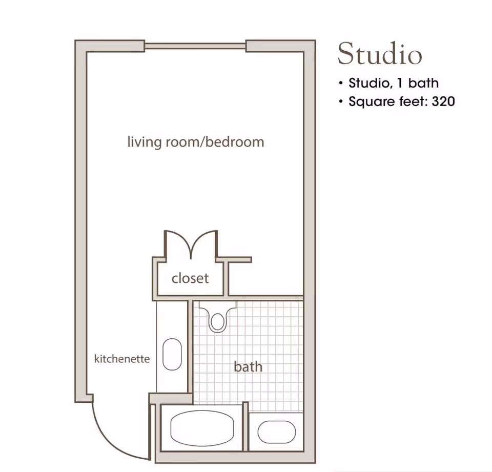 Floor plan of a studio apartment with one bath, including a living room/bedroom area, a closet, a kitchenette, and a bathroom.