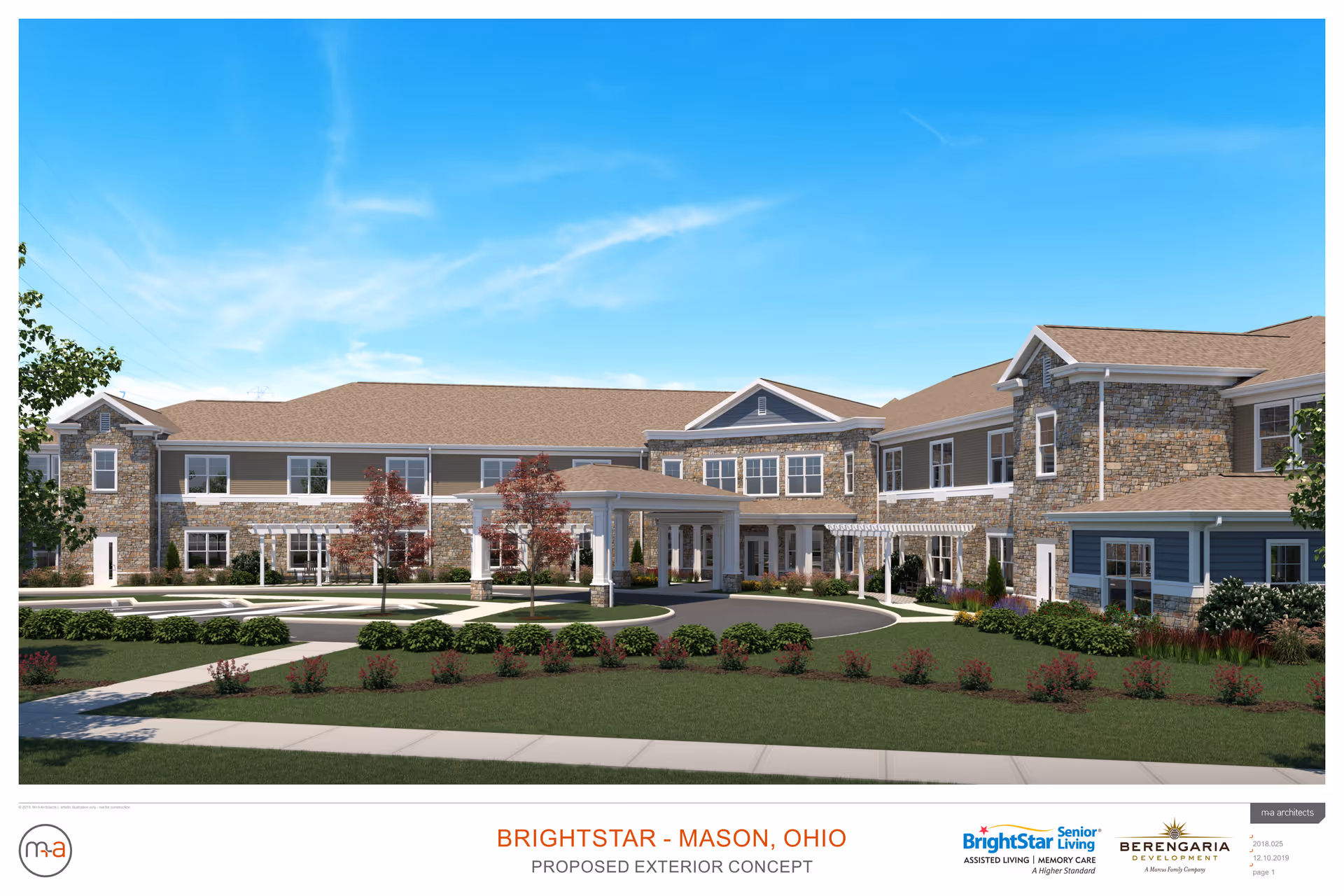 Exterior view of a proposed senior living facility building with stone and siding facade, multiple windows, a covered entrance, landscaped garden with bushes and small trees, and a clear blue sky.