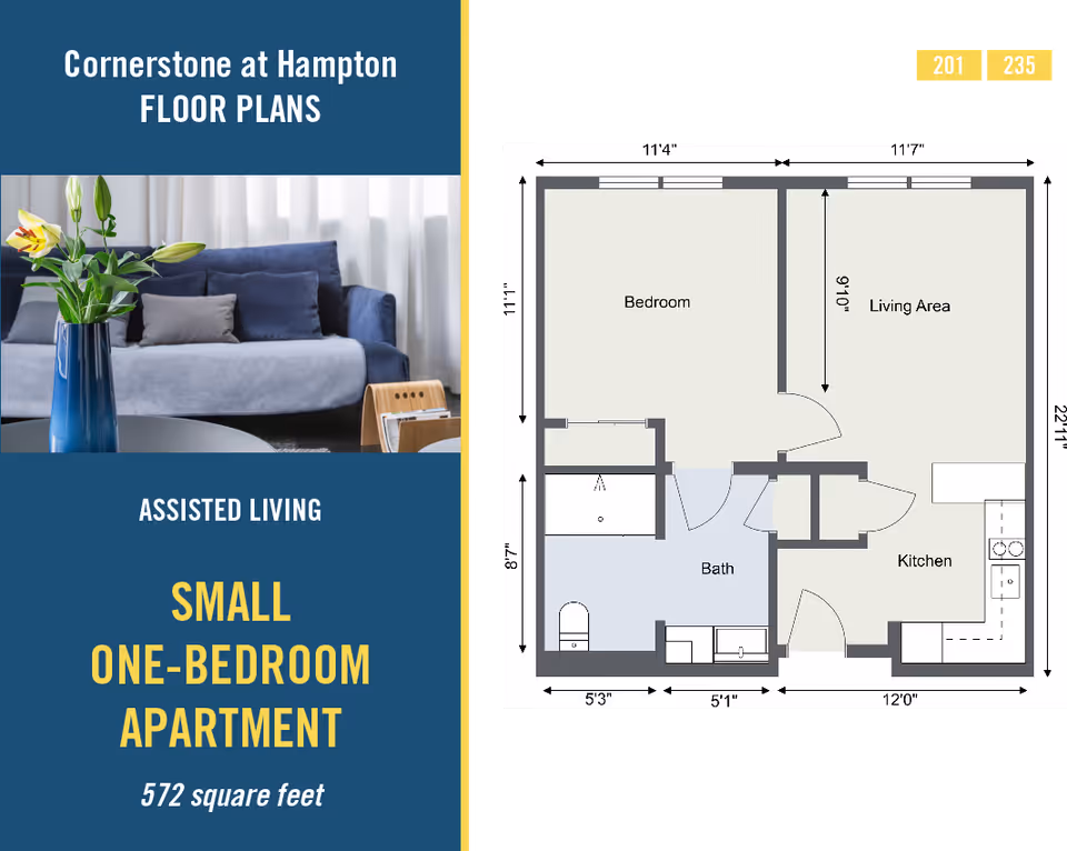 Brochure for Cornerstone at Hampton showing a photo of a sofa and a detailed floor plan for a 572 sq ft small one-bedroom assisted living apartment.