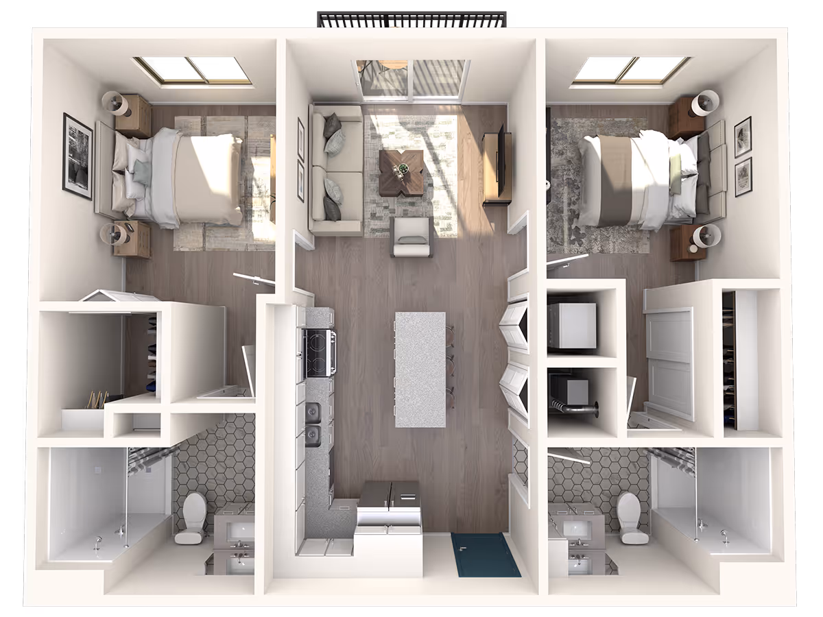 Top-down view of a two-bedroom apartment floor plan featuring two bedrooms each with a bed, nightstands, and lamps. Each bedroom has an attached bathroom with a shower, toilet, and sink. The central area includes a kitchen with appliances, an island with seating, and a living room with a sofa, armchair, coffee table, and TV. There is also a balcony accessible from the living room.