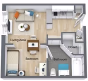 3D floor plan of a small assisted living apartment showing a living area with sofa and TV, a bedroom with a bed and desk, a bathroom with a bathtub, toilet and sink, and a closet near the entrance.