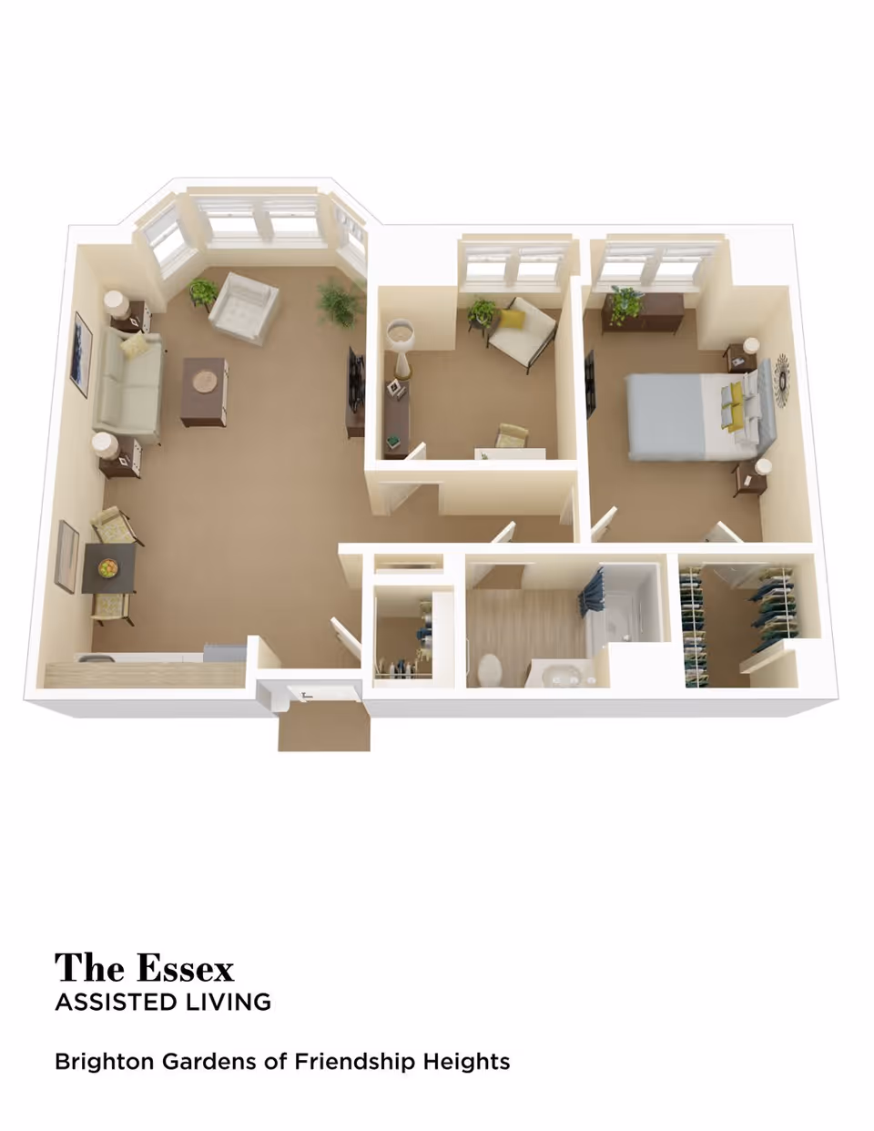 3D floor plan of an assisted living apartment named The Essex at Brighton Gardens of Friendship Heights, showing a living room with sofa, armchair, coffee table, and TV, a dining area with table and chairs, a bedroom with a bed and nightstands, a small sitting room with chairs, a bathroom with a shower, toilet, and sink, and a walk-in closet.