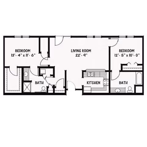 Architectural floor plan of a two-bedroom apartment featuring a living room, kitchen, and two bathrooms. The left bedroom measures 13 feet 4 inches by 11 feet 6 inches and has an adjacent bathroom with a shower. The living room is centrally located and measures 22 feet 9 inches. The kitchen is positioned next to the living room and includes a stove and sink. The right bedroom measures 12 feet 5 inches by 10 feet and has an adjacent bathroom with a bathtub.