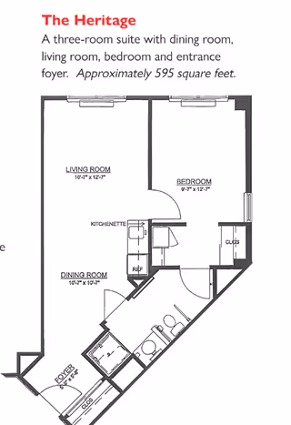 Floor plan of The Heritage, a three-room suite with a dining room, living room, bedroom, kitchenette, foyer, bathroom, and closets, approximately 595 square feet.