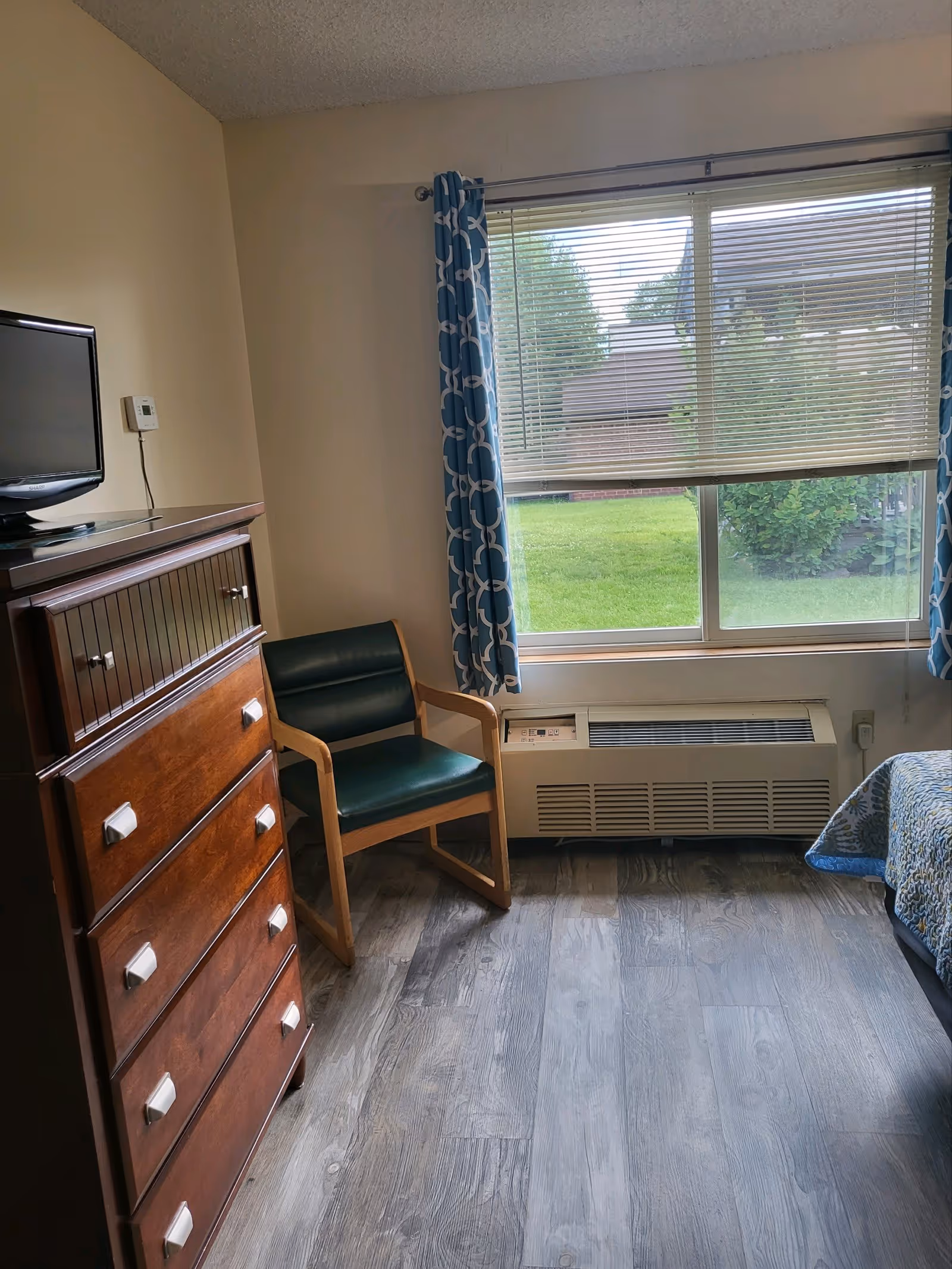 A room with a wooden dresser topped with a small flat-screen TV, a wooden chair with dark green cushions, a large window with blue patterned curtains and blinds partially open, showing a green lawn outside, and a bed with a blue patterned bedspread partially visible on the right side.