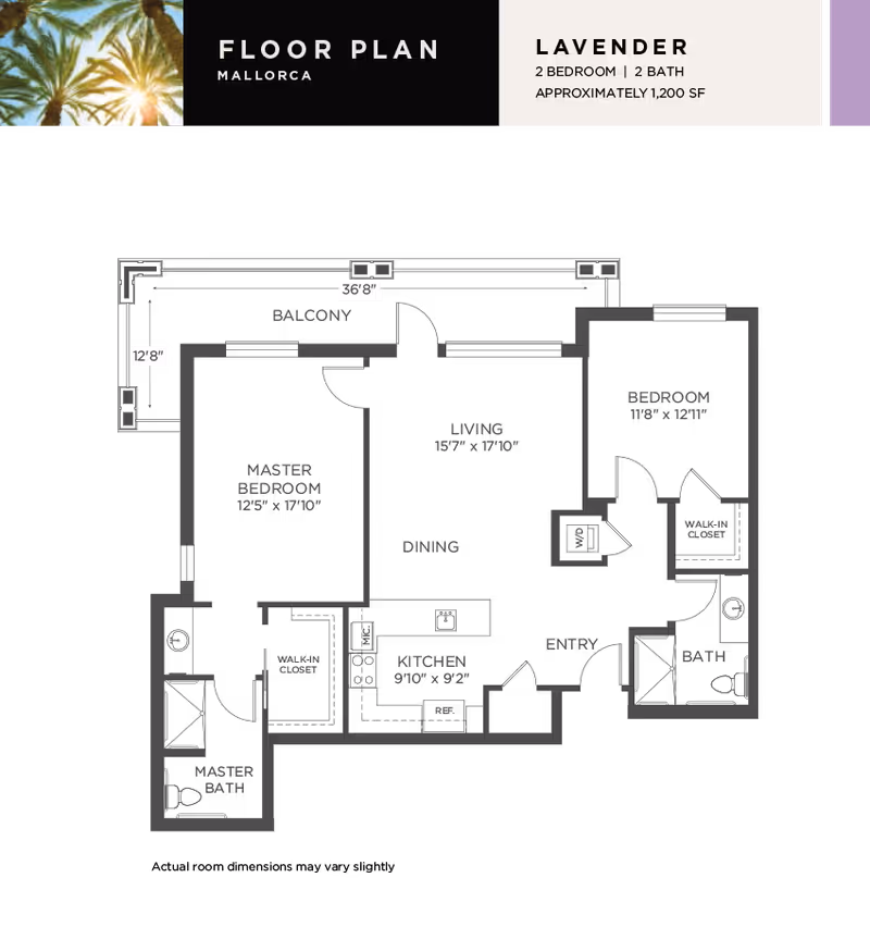 Floor plan layout for the Lavender model at La Posada, showing a 2 bedroom, 2 bath apartment with approximately 1,200 square feet. The plan includes labeled rooms and dimensions.