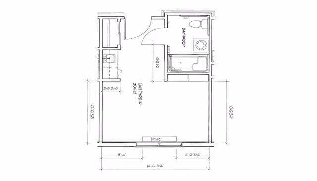 Black-and-white floor plan drawing of a studio apartment/unit showing a main living area, kitchenette, and bathroom with dimensions.