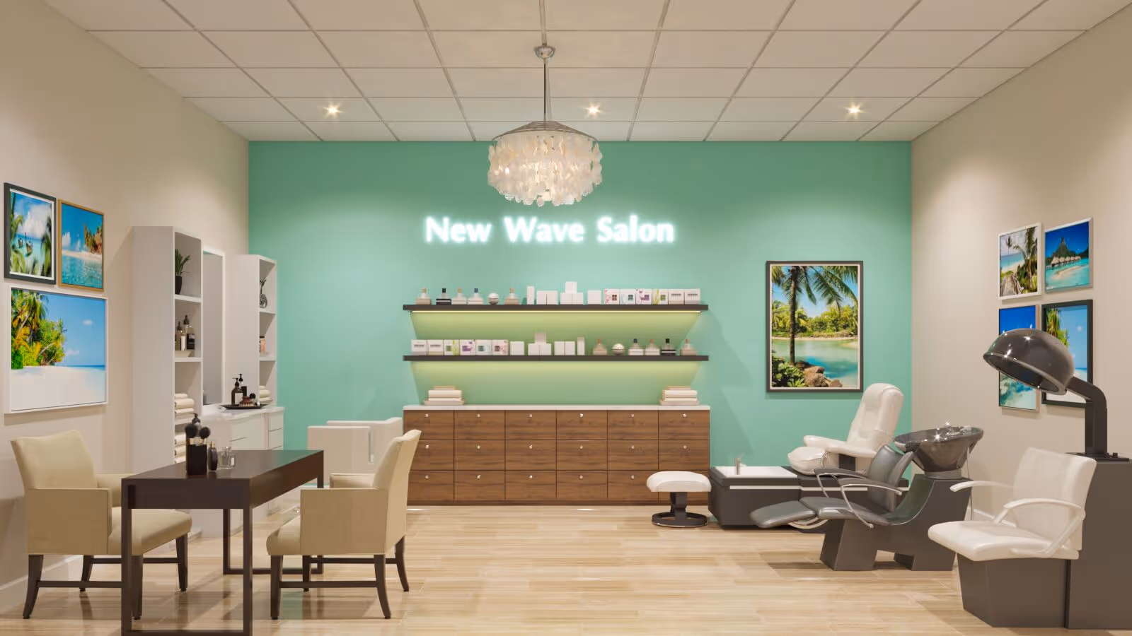 Bright interior of a salon with a mint-green wall reading "New Wave Salon", styling chairs, a manicure table, product shelves and framed beach prints.