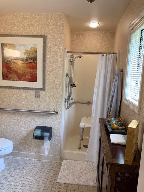 A bathroom with a walk-in shower featuring a foldable seat and grab bars. There is a white shower curtain partially drawn, a towel hanging on a hook, a wooden cabinet with decorative items and folded towels, a toilet with a toilet paper holder, a grab bar on the wall, a framed landscape painting, and a window with blinds allowing natural light in.