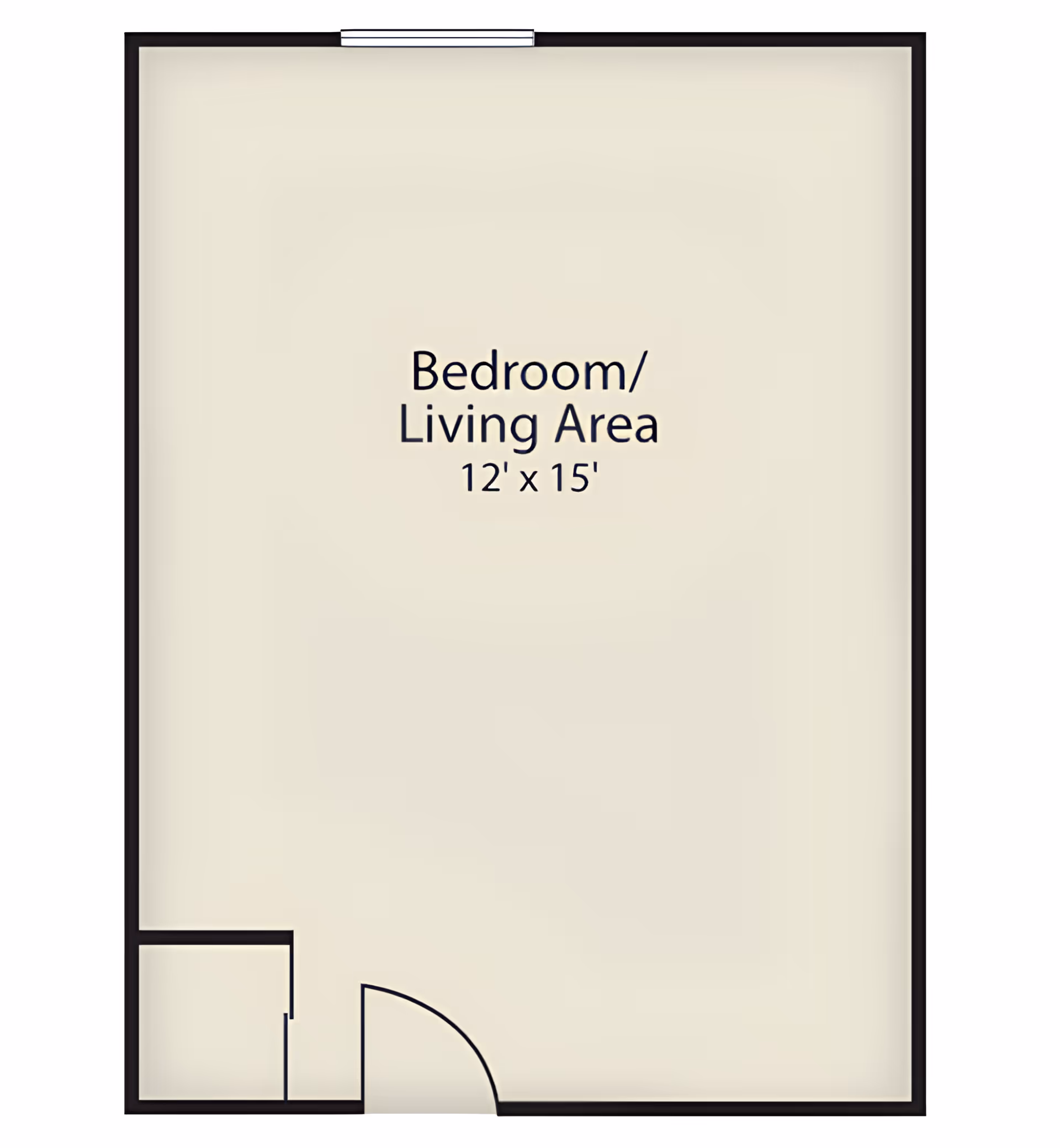 Floor plan of a 12' x 15' bedroom/living area showing an entrance door and a small closet.
