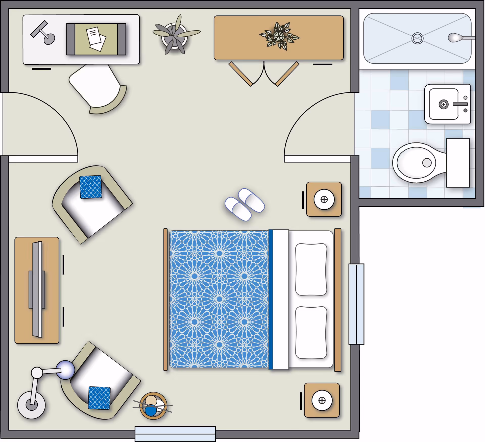 Top-down floor plan of a senior living facility room showing a bedroom area with a bed, two chairs with cushions, a TV on a stand, a desk with a chair, a small table with a plant, and a bathroom with a bathtub, toilet, and sink.