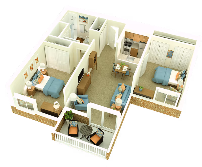 3D floor plan of a two-bedroom apartment featuring a living room with sofa and armchair, a dining area with table and chairs, a kitchen with appliances, a bathroom with shower, and a balcony with two chairs and a small table.