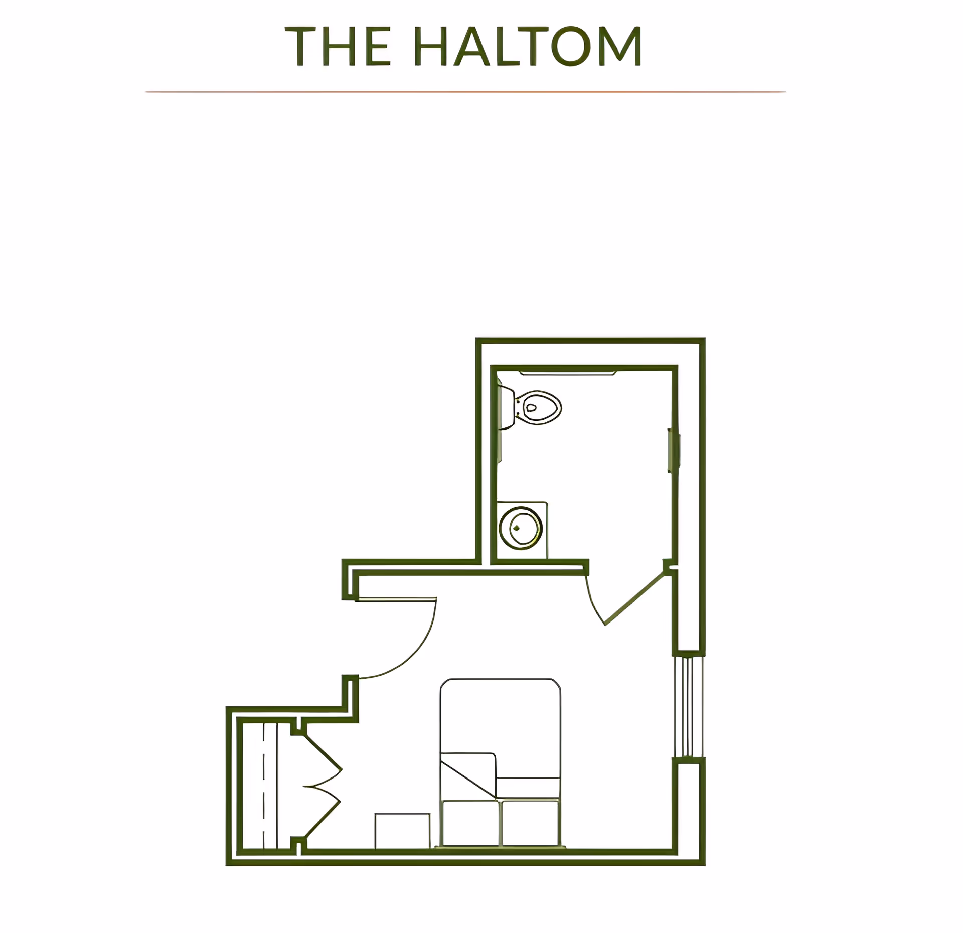 Floor plan titled "THE HALTOM" showing a small bedroom with a bed and closet and an adjoining bathroom with a sink and toilet.