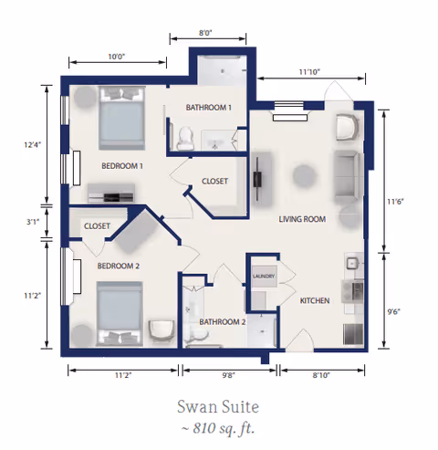 Floor plan of the Swan Suite at Aravilla Sarasota showing two bedrooms, two bathrooms, a living room, kitchen, closets, and a laundry area, with dimensions and furniture layout.