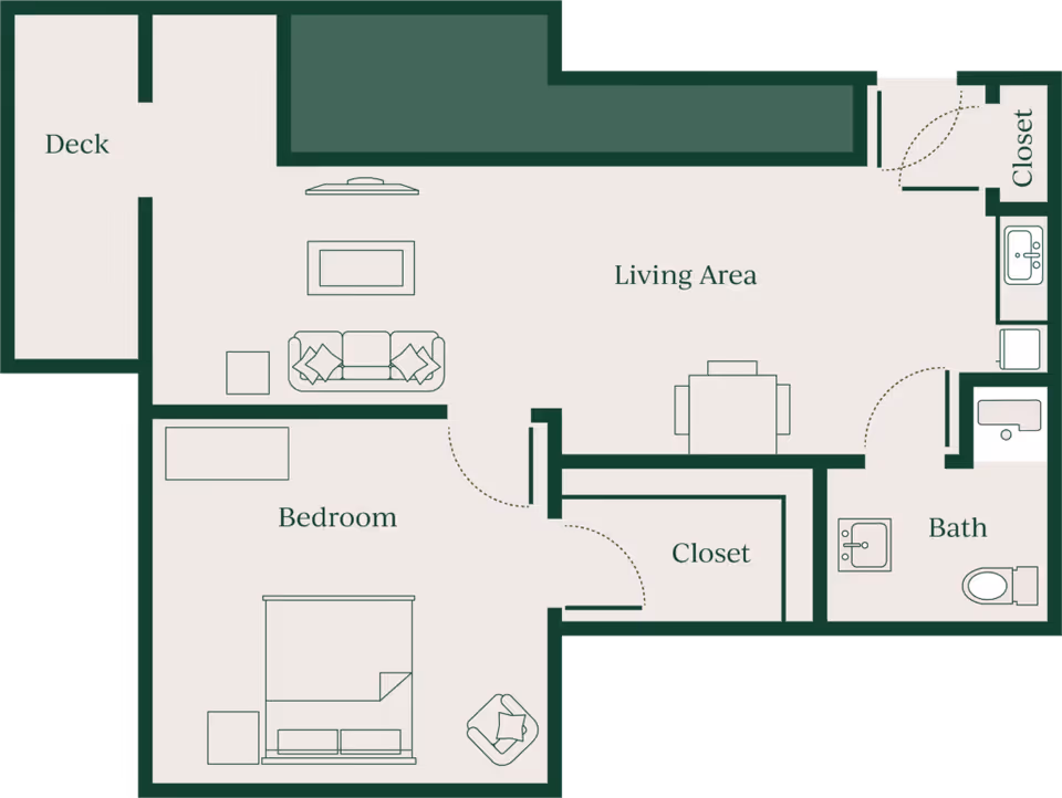 Floor plan of a senior living unit at Generations at Lewiston showing a deck, living area with sofa and TV, bedroom with bed and chair, two closets, and a bathroom with sink and toilet.