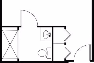 Black and white floor plan of a small bathroom showing a shower, toilet, sink, and two doors.