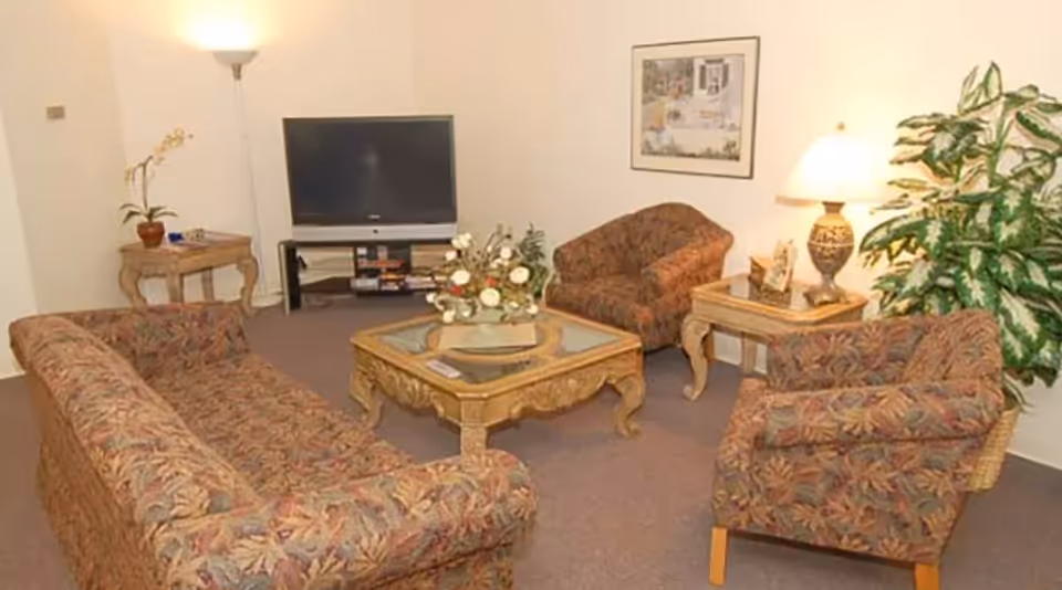 Living room with patterned sofa and chairs arranged around a glass-topped coffee table, a TV, lamps, and plants.