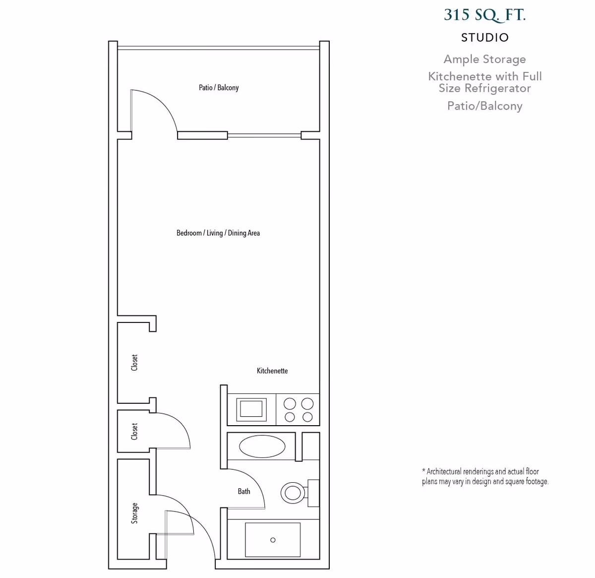 Architectural floor plan of a 315 square feet studio apartment at Lyndale Edmond Senior Living, featuring a patio/balcony, combined bedroom/living/dining area, kitchenette with full-size refrigerator, bathroom, two closets, and a storage area.