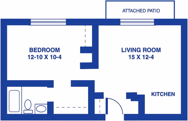 Floor plan layout of a living space showing a bedroom measuring 12 feet 10 inches by 10 feet 4 inches, a living room measuring 15 feet by 12 feet 4 inches, a kitchen area, a bathroom with a bathtub, toilet, and sink, and an attached patio.