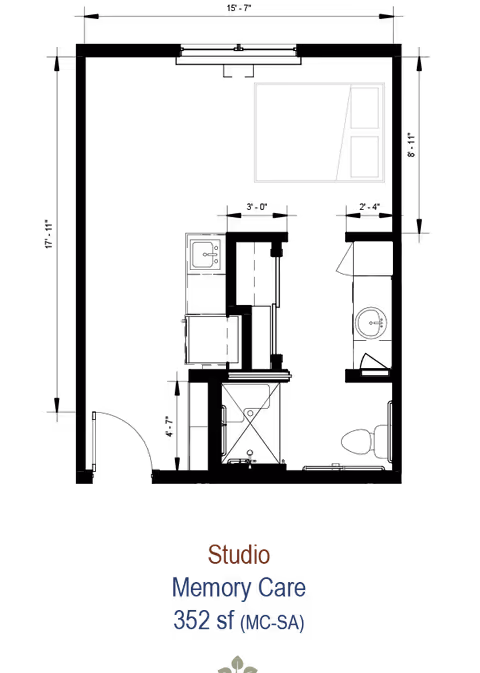 Black background floor plan showing a small studio memory care apartment layout labeled "Studio Memory Care 352 sf (MC-SA)".