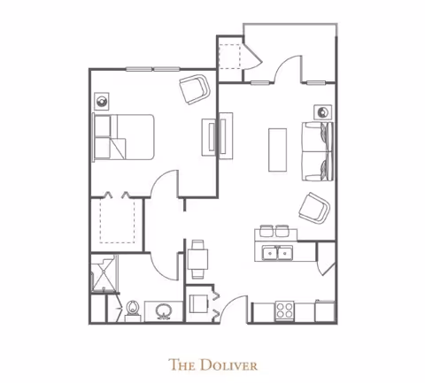 Floor plan of an apartment named The Doliver at The Village of Tanglewood, showing a layout with one bedroom, one bathroom, a living room, kitchen with an island and bar stools, and a dining area.