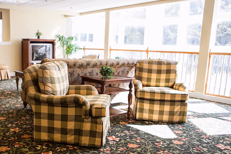 A bright living room area with two plaid armchairs and a floral patterned sofa arranged around a wooden coffee table with a small green plant on it. Large windows in the background allow natural light to fill the space, and a patterned carpet covers the floor.