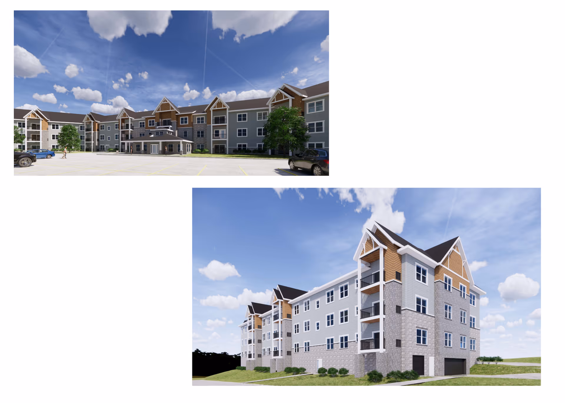 Two exterior views of a multi-story senior living facility building under a partly cloudy sky. The building features a combination of stone and siding with peaked roofs and balconies. The top image shows the front entrance with a parking lot and a few cars, while the bottom image shows a side and rear perspective with landscaping and a driveway.