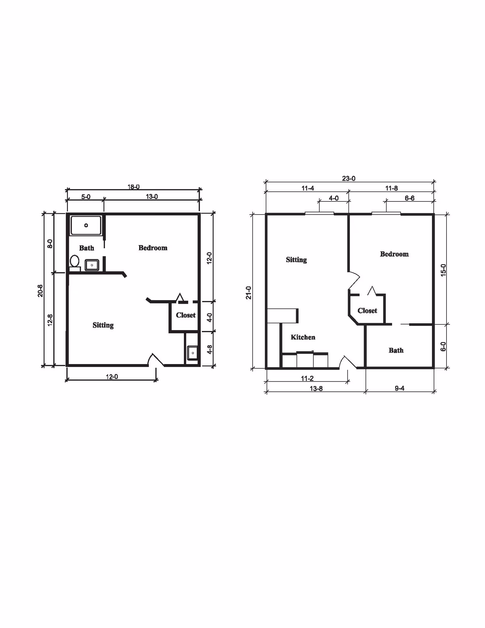 Architectural floor plans showing two layouts. The left plan includes a bedroom, bath, sitting area, and closet with dimensions. The right plan includes a bedroom, bath, sitting area, kitchen, and closet with dimensions.