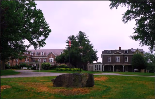 Front lawn and driveway with a large rock, flagpole, trees, and two connected brick buildings.