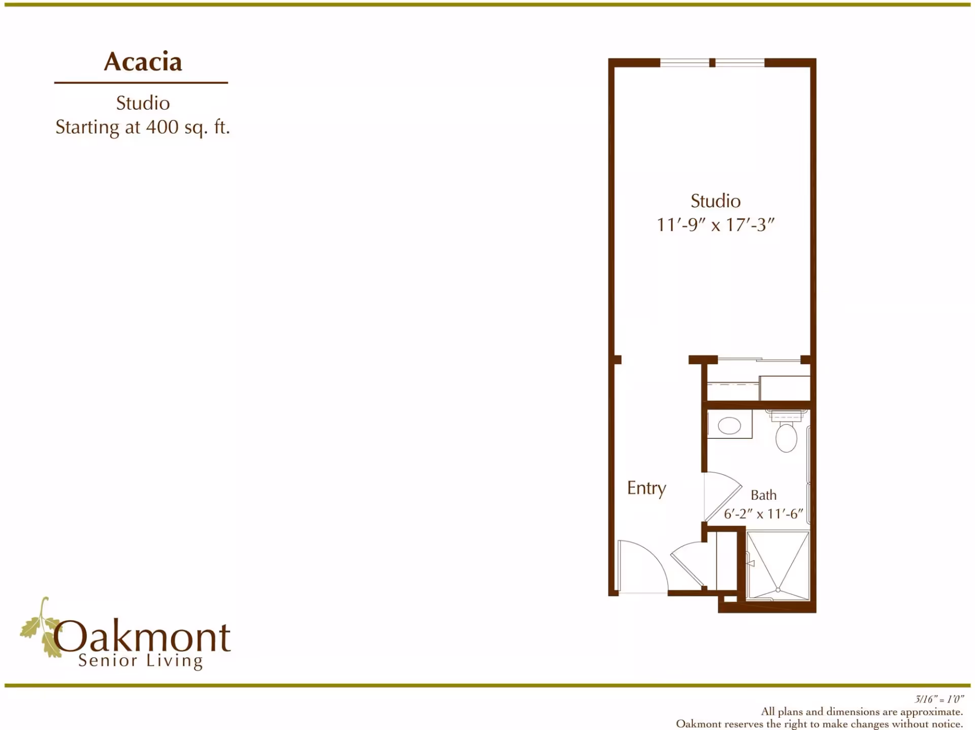 Floor plan of the Oakmont 'Acacia' studio apartment showing an entry, bathroom, and main studio area with dimensions.