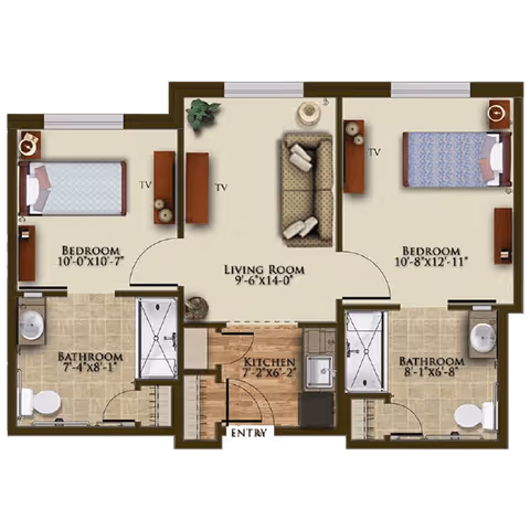 Floor plan of a two-bedroom apartment at Harmony at Spring Hill, showing two bedrooms each with a TV, two bathrooms, a living room with a sofa and TV, and a kitchen area near the entry.