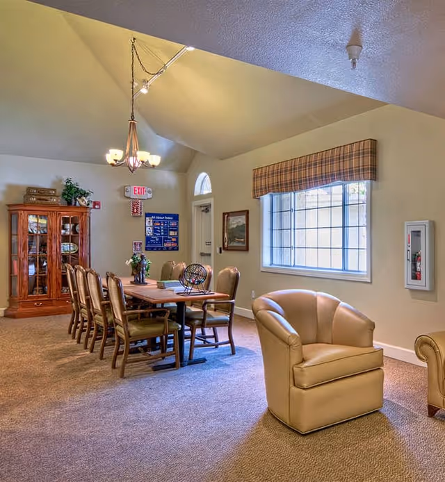 A well-lit room with a long wooden table surrounded by chairs, a beige armchair in the foreground, a wooden cabinet with glass doors in the back left corner, a window with a plaid valance, and a chandelier hanging from the ceiling.