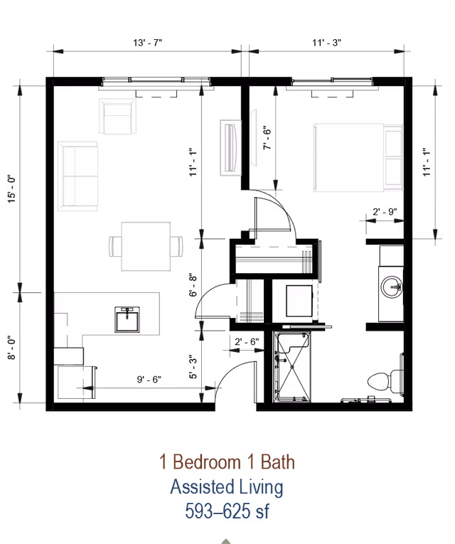 Architectural floor plan of a 1 bedroom, 1 bathroom assisted living unit showing dimensions and layout including living room with sofa and chair, dining area with table and chairs, kitchen with sink, bedroom with bed, and bathroom with sink, toilet, and shower.