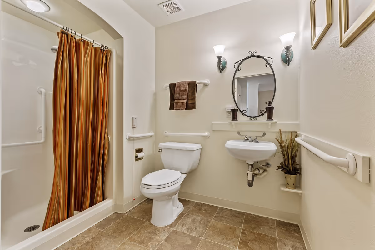 A clean bathroom with a white toilet, a wall-mounted sink with an oval mirror above it, two wall sconces providing light, a shower with a striped brown and orange curtain, and several grab bars installed on the walls for accessibility. There is a brown towel hanging on a towel rack and a small plant on a wall shelf.
