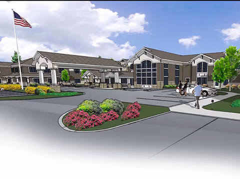 Color rendering of the front exterior of a senior living building with a landscaped driveway, American flag, and people near parked cars.