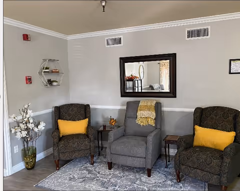 A cozy sitting area with three armchairs, two dark patterned chairs with yellow cushions on either side and a gray chair with a yellow throw blanket in the center. There are two small wooden side tables beside the chairs, a large rectangular mirror on the wall reflecting part of the room, a decorative wall shelf with small plants and items, and a tall vase with white flowers in the corner. The walls are painted light gray with white trim, and a patterned area rug covers the floor.