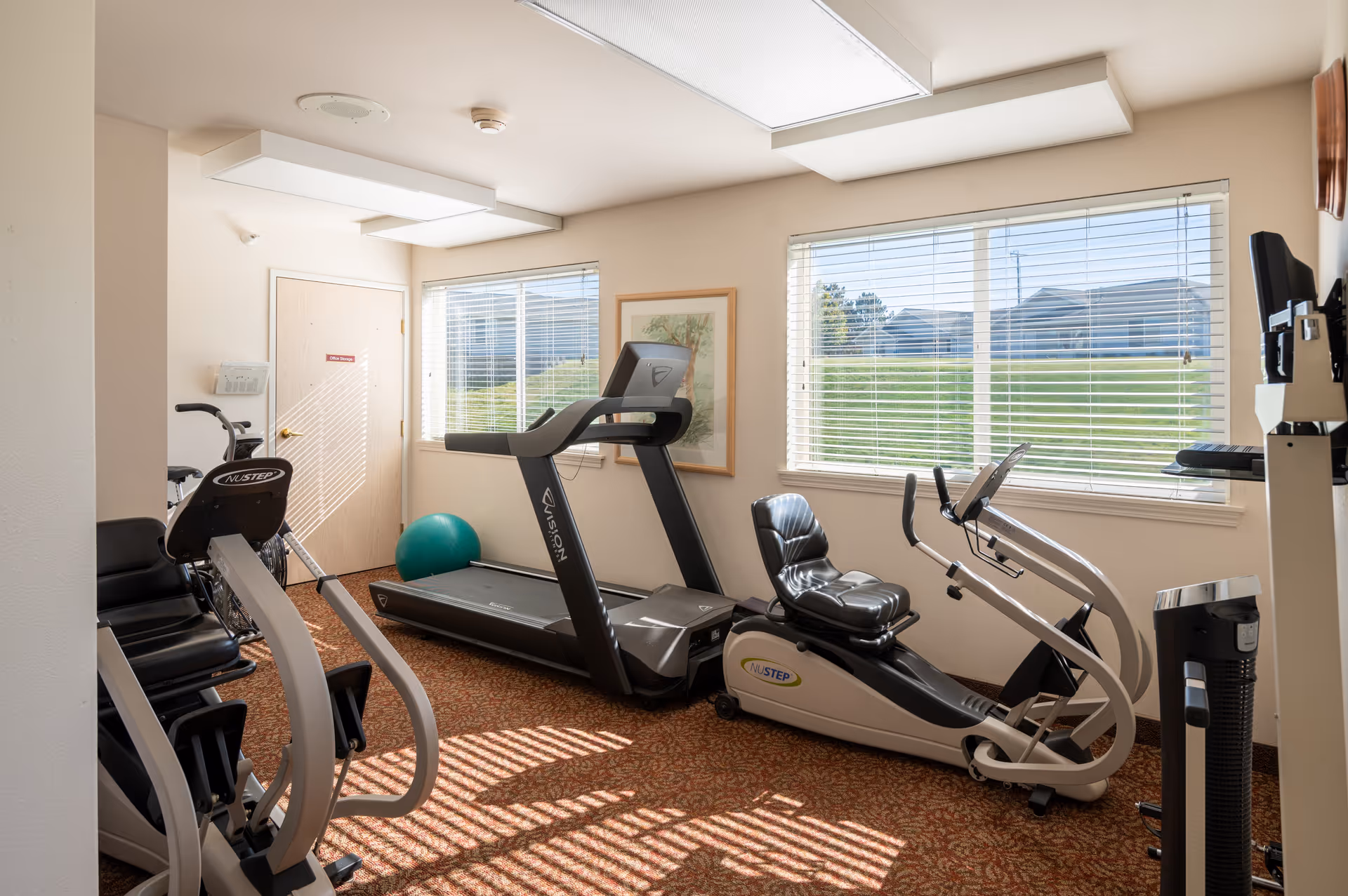 Small fitness room with a treadmill, recumbent bike, exercise machines and a green exercise ball in front of large windows.