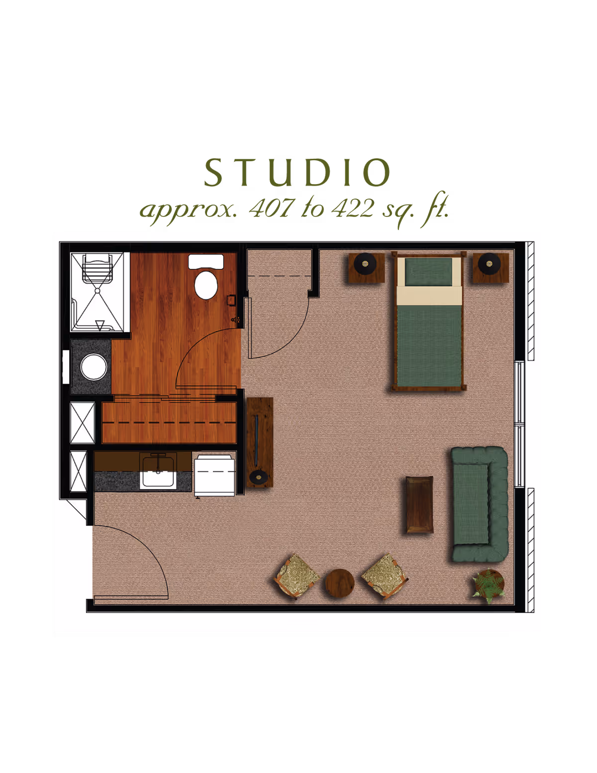 Colored floor plan of a studio apartment labeled 'STUDIO approx. 407 to 422 sq. ft.' showing a bed, bathroom, kitchenette, sofa and seating area.